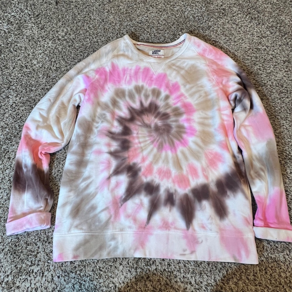 Lands End Serious Sweats Womens Pink Brown Tie Dye Spiral Sweatshirt M 10-12